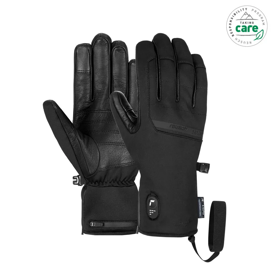 Zwei schwarze Reusch Heat Essence R-TEX® XT Handschuhe, einer mit Lederhandfläche, elektronischen Details am Handrücken.