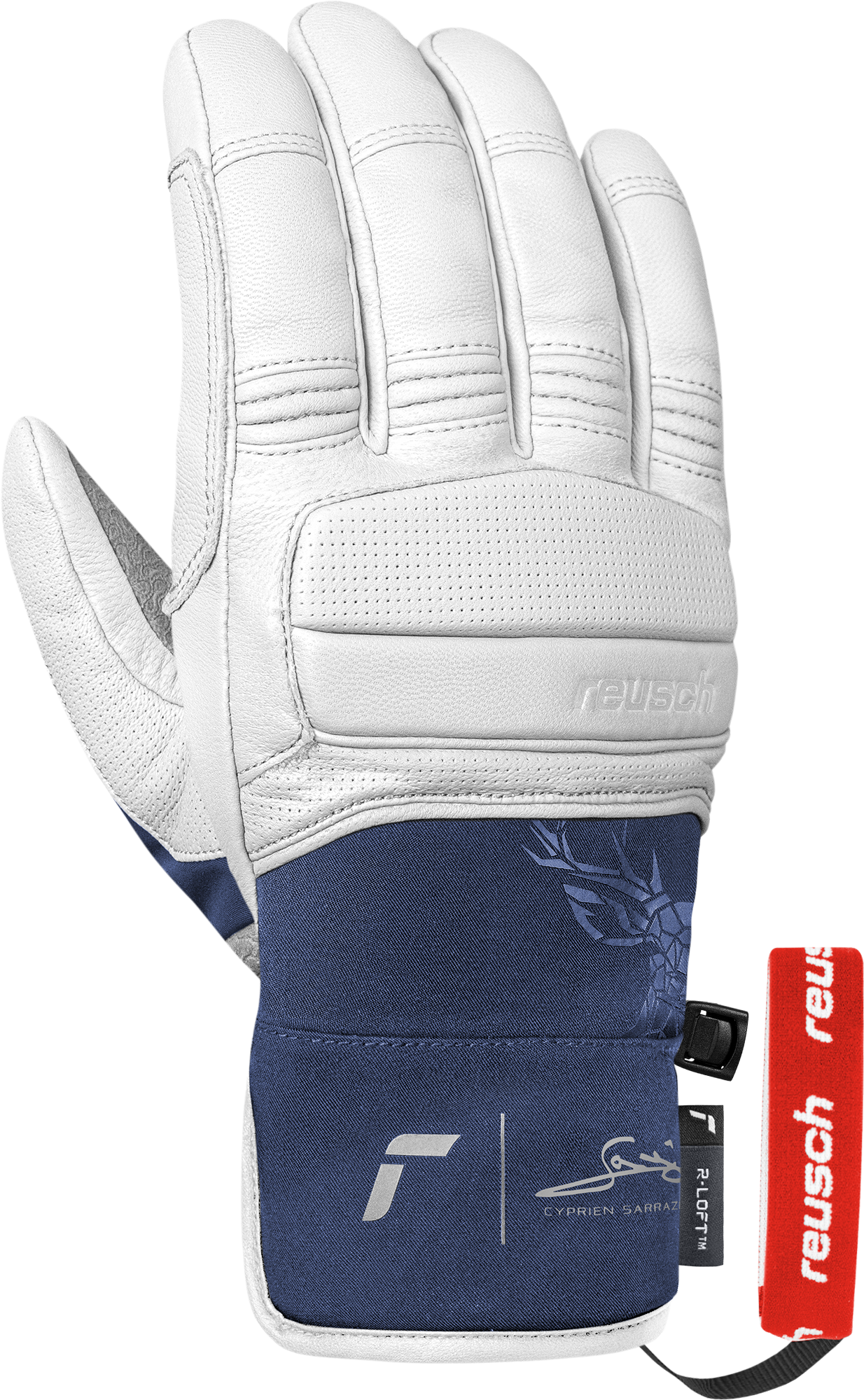 Weiße Reusch-Lederhandschuhe mit dunkelblauem Textilbund und rotem Etikett vor weißem Hintergrund.