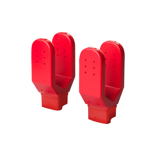 Zwei rote Tech Dry Y-Holder Aufsätze, geeignet zum Trocknen von Schuhen und Handschuhen.