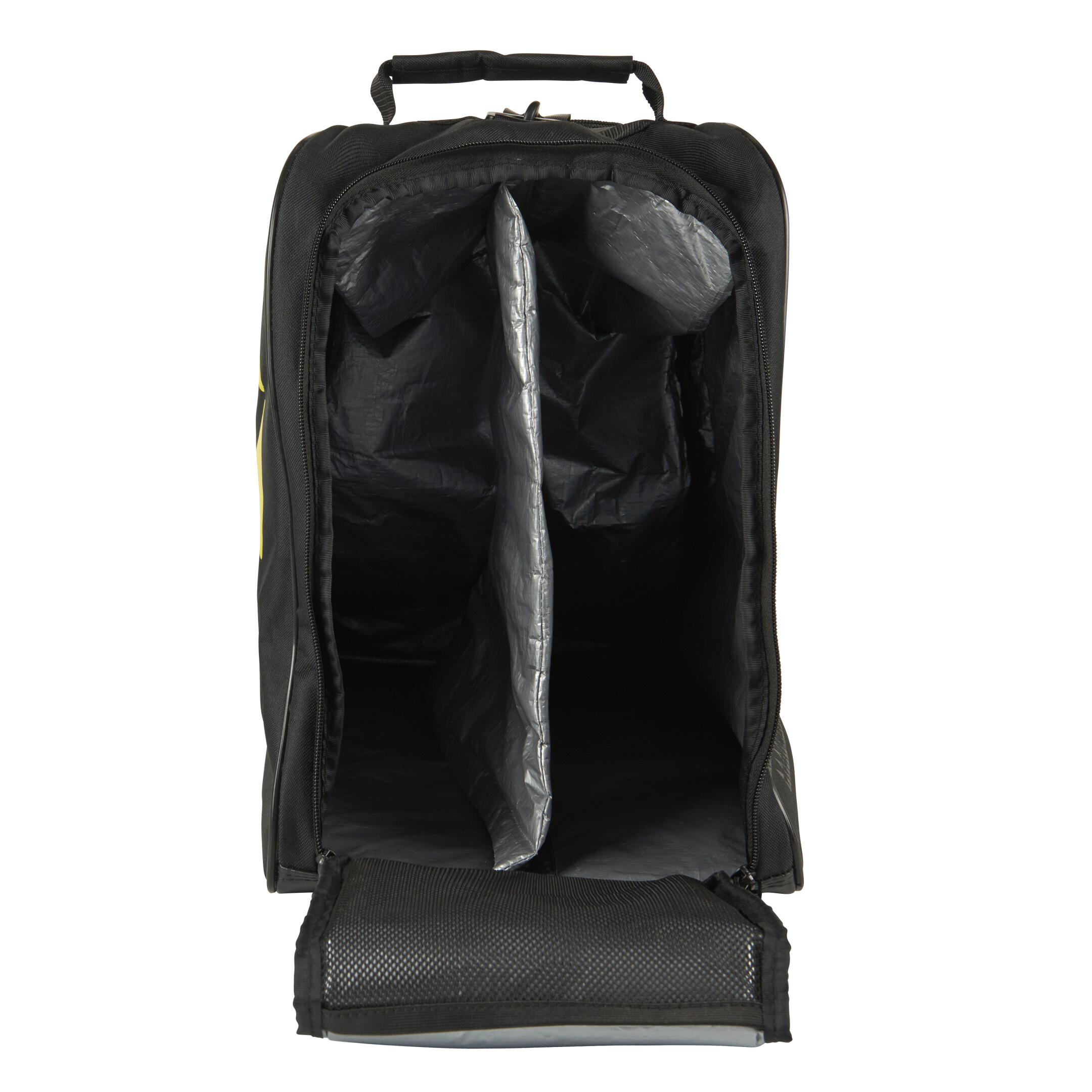 Schwarze Skischuhtasche Offene, schwarze Skischuhtasche mit Tragegriff und Reißverschlüssen, Inneneinteiler und Netzfach am Boden.
