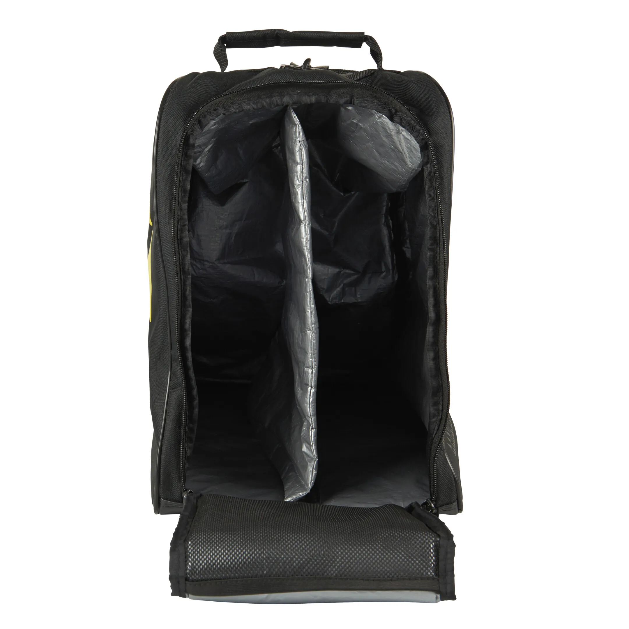 Offene, schwarze Skischuhtasche mit Tragegriff und Reißverschlüssen, Inneneinteiler und Netzfach am Boden.