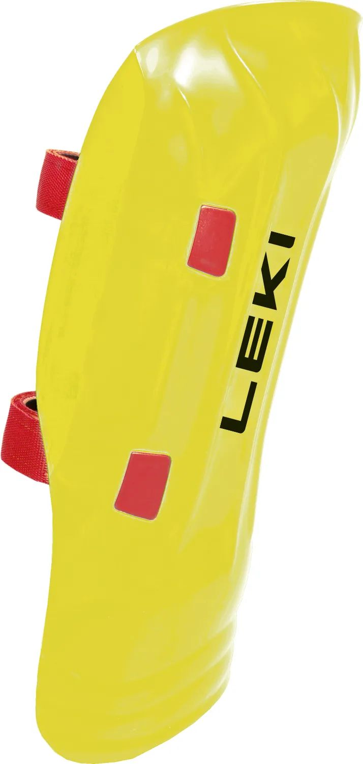 Neongelber Leki Schienbeinschutz mit roten Klettverschlüssen und schwarzem Logo.