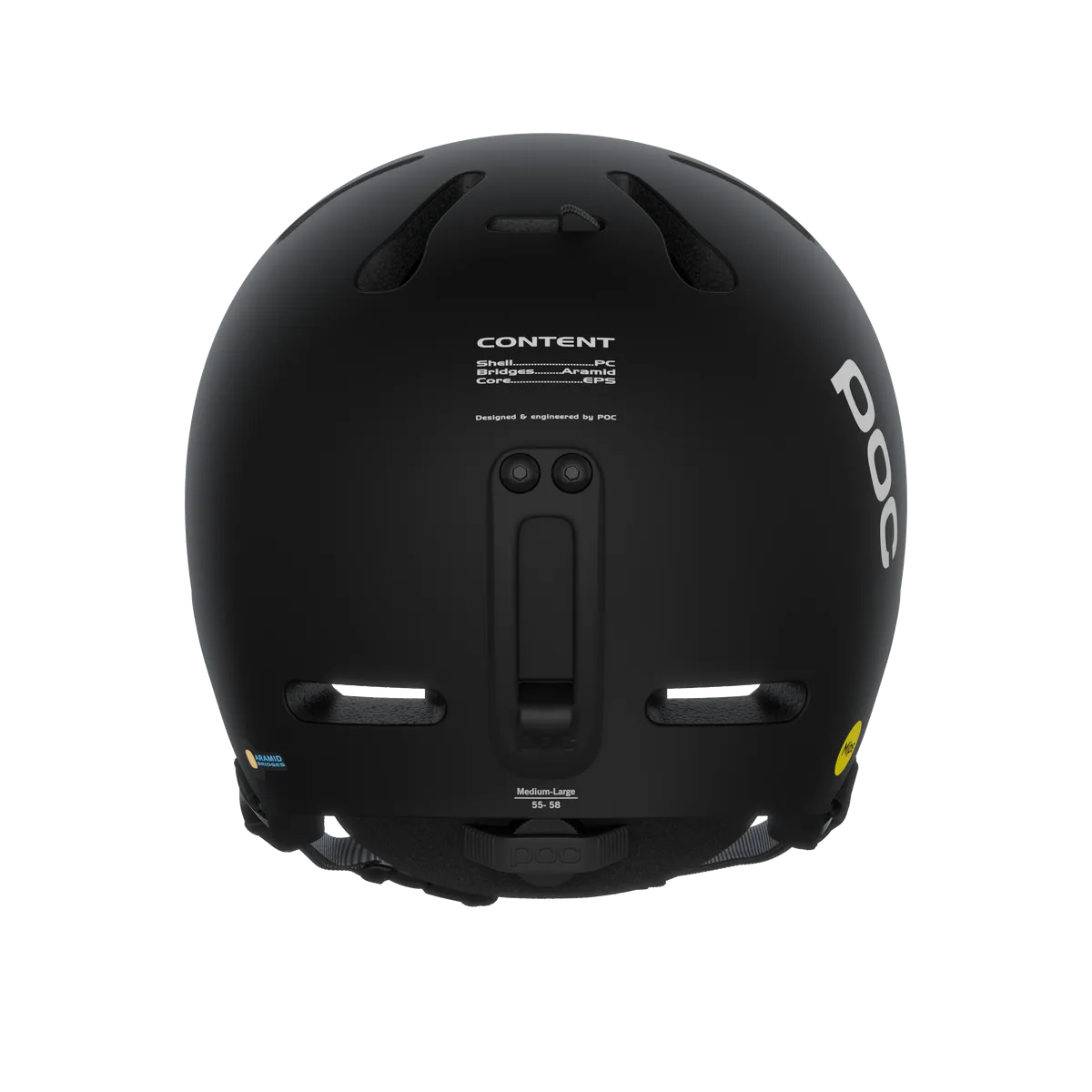 Rückansicht des schwarzen Poc Fornix Mips Helms. Details: Belüftung, Größenangabe, Brillenclip, Logos und Mips Kennzeichnung.