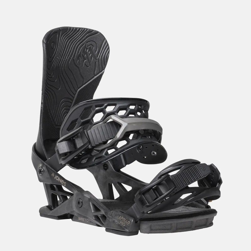 Jones Apollo Pro Snowboardbindung Schwarze Jones Apollo Pro Snowboardbindung, seitliche Ansicht mit Highback und Riemen.