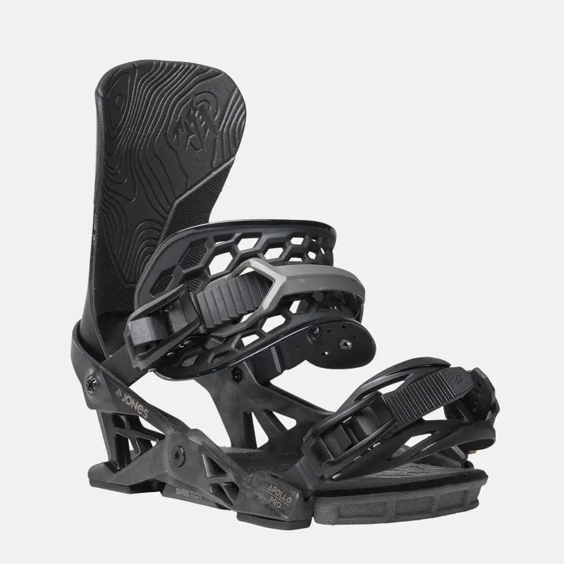 Schwarze Jones Apollo Pro Snowboardbindung, seitliche Ansicht mit Highback und Riemen.