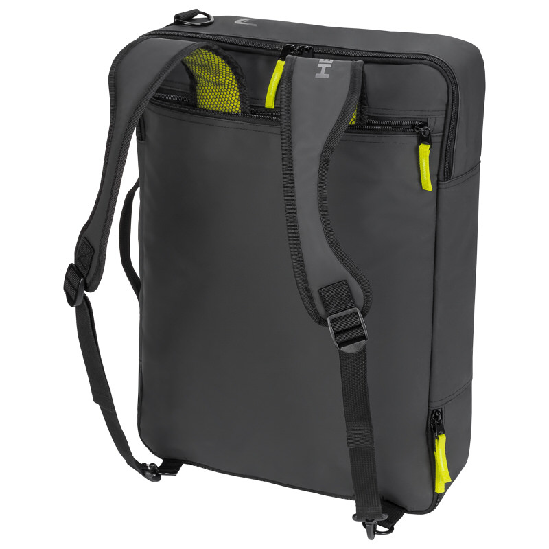 Graue Head Skischuhtasche mit Rucksackgurten und gelben Reißverschlüssen.