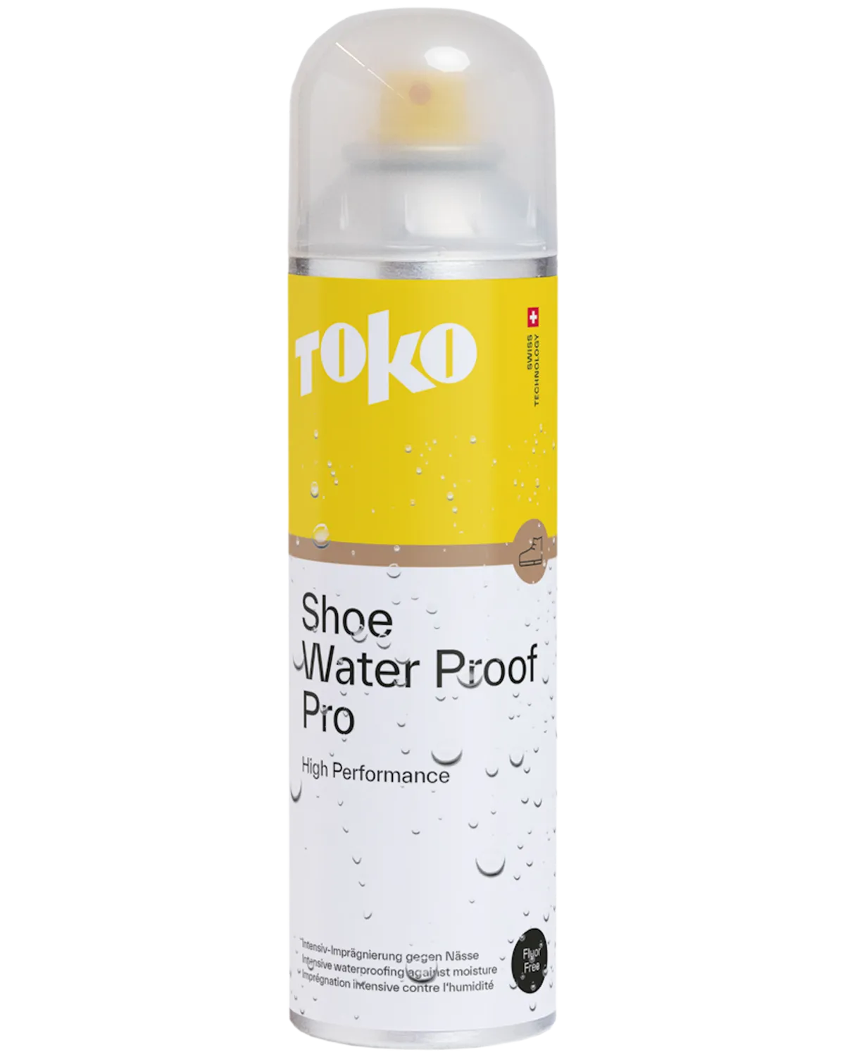 Gelbe Sprühdose "Toko Shoe Water Proof Pro" mit durchsichtigem Deckel, beschriftet mit Text und Wassertropfen-Illustration.