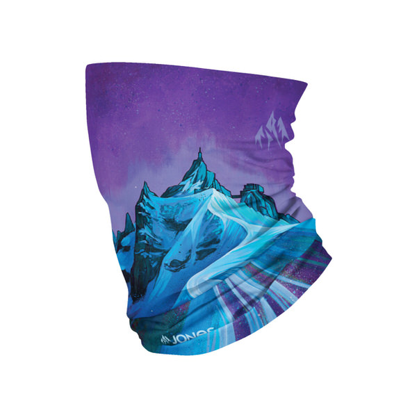 Blauer Neck Warmer mit Bergmotiv und Sternenhimmel, Marke Jones am unteren Rand.