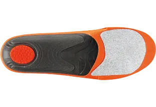 Orangefarbene Sidas Winter Sohle mit schwarzer und grauer Innensohle von oben. Fußbett für Winterschuhe.