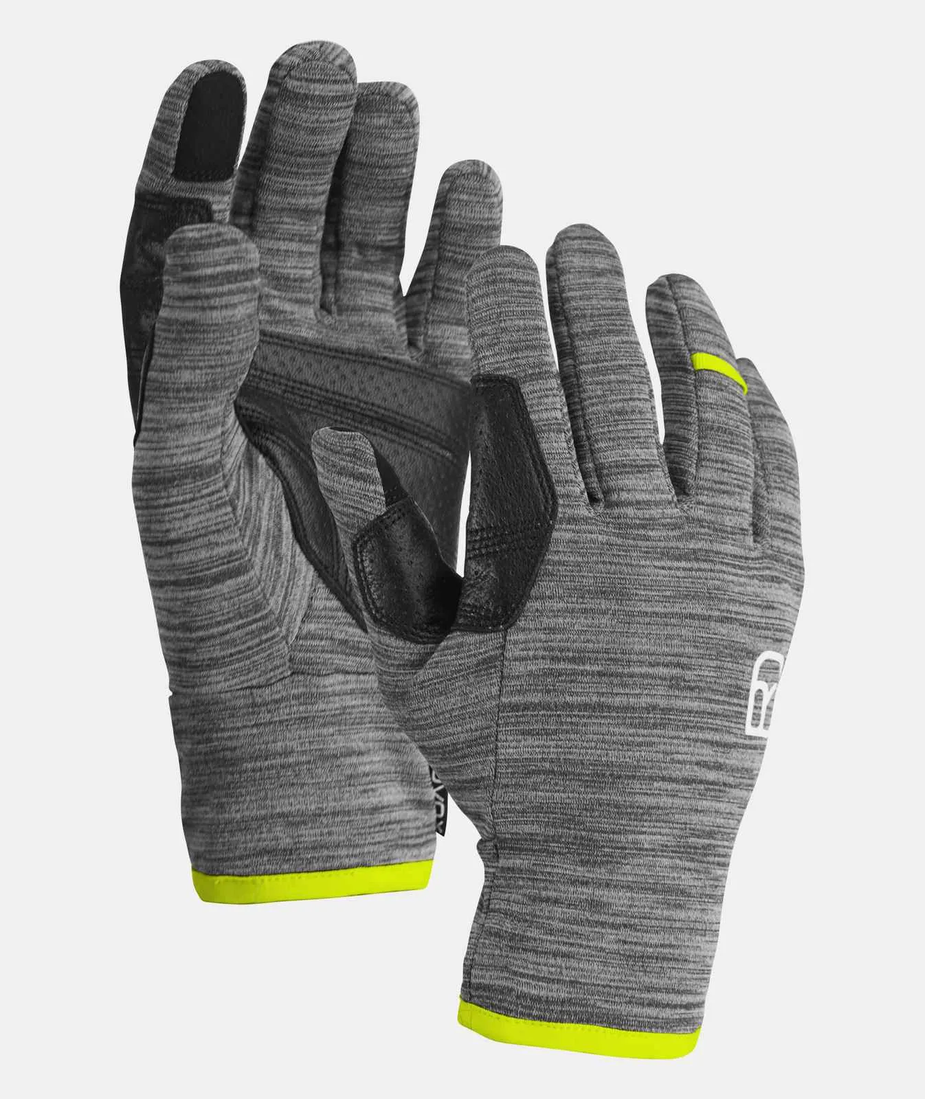 Graue Ortovox Freeride 3 Finger Handschuhe mit gelben Details.