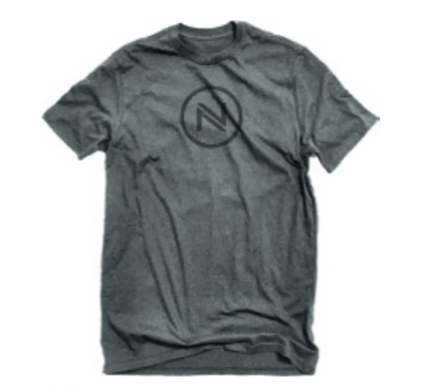 Graues Nidecker Tee Shirt mit rundem Logo auf der Brust, liegend.