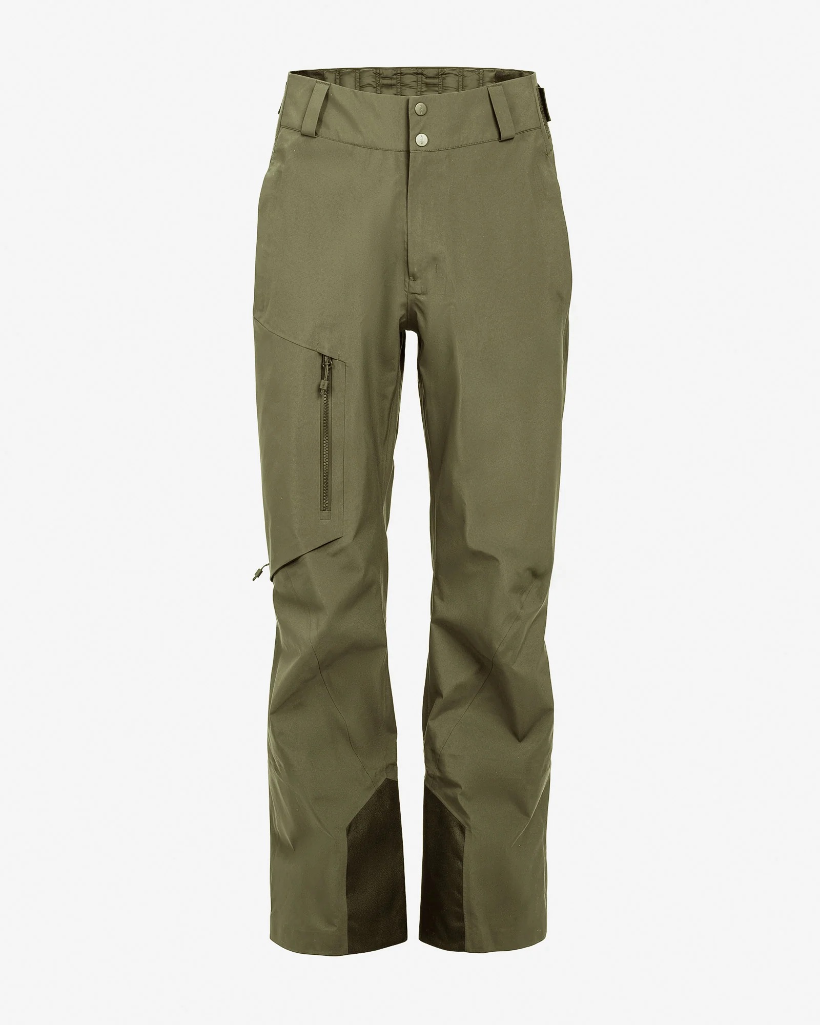 Eine olivgrüne Hose mit geraden Beinen und einem Reißverschluss an der Tasche. Die Hose hat am Beinabschluss einen dunkleren Stoff.