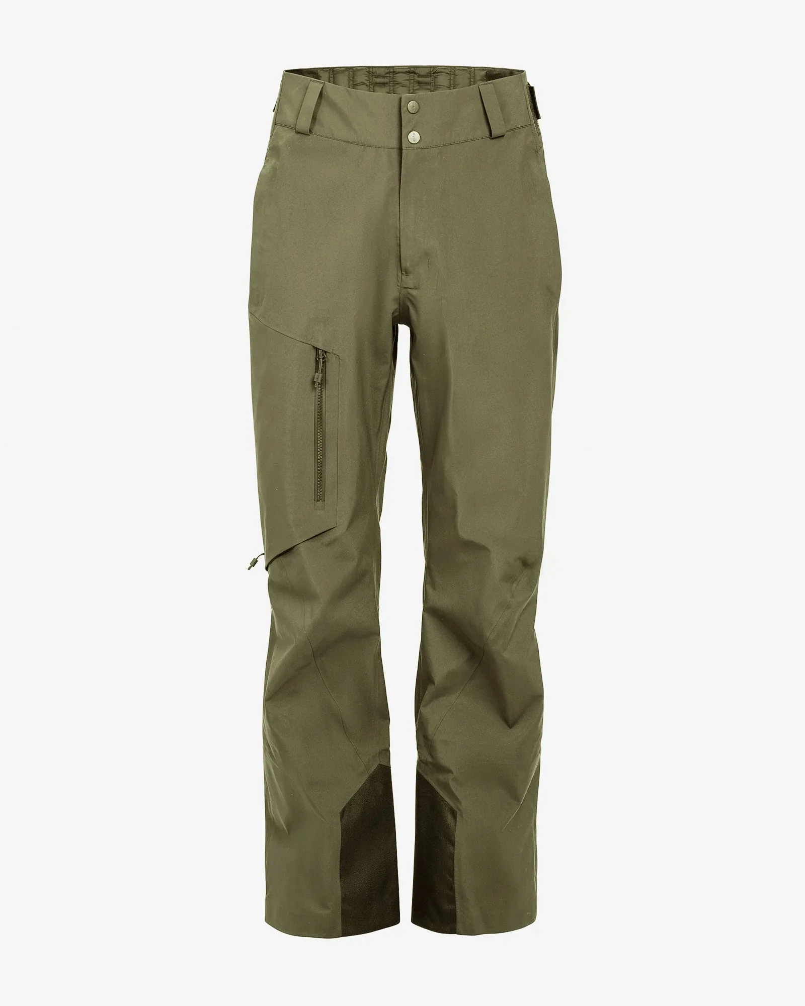 Eine olivgrüne Hose mit geraden Beinen und einem Reißverschluss an der Tasche. Die Hose hat am Beinabschluss einen dunkleren Stoff.