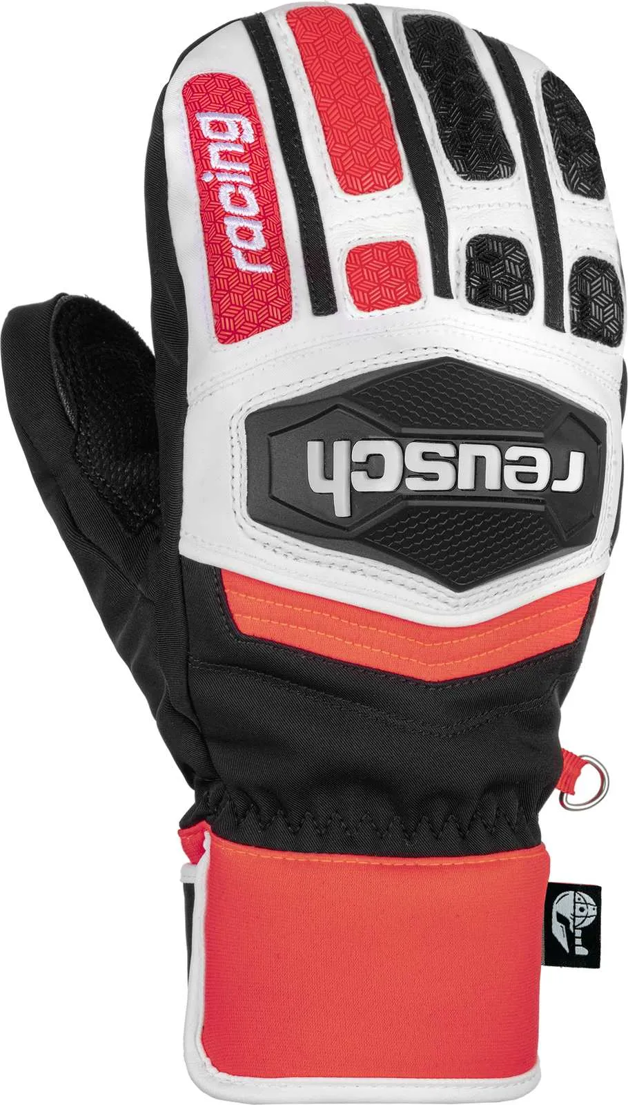 Detailansicht des Reusch Worldcup Warrior GS Junior Mitten Rennhandschuhs in Schwarz, Weiss und Rot mit Logo.