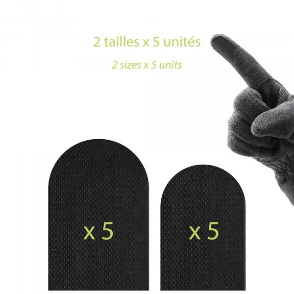 Zwei Größen Digiskin Touchscreen Sticker, je 5 Stück, und Hand mit Handschuh, der einen Sticker trägt.