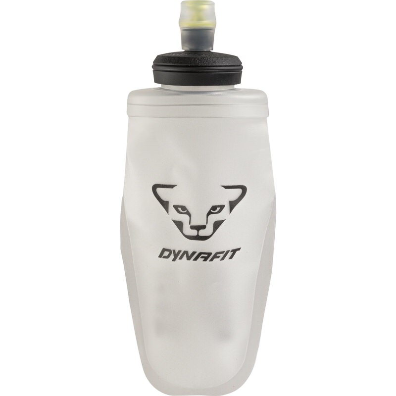 Weiße Dynafit Flask 350ml mit schwarzem Deckel und schwarzem Dynafit-Logo in Form eines stilisierten Schneeleoparden.