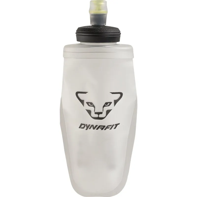 Weiße Dynafit Flask 350ml mit schwarzem Deckel und schwarzem Dynafit-Logo in Form eines stilisierten Schneeleoparden.