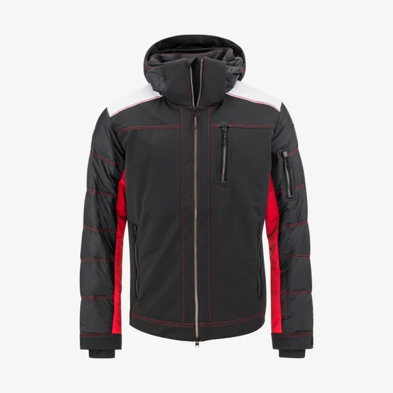 Schwarze PORSCHE Ski Jacke für Herren mit Kapuze, roten Ärmeln und weißen Schultern. Details wie Reißverschlüsse und Nähte sind ebenfalls rot.