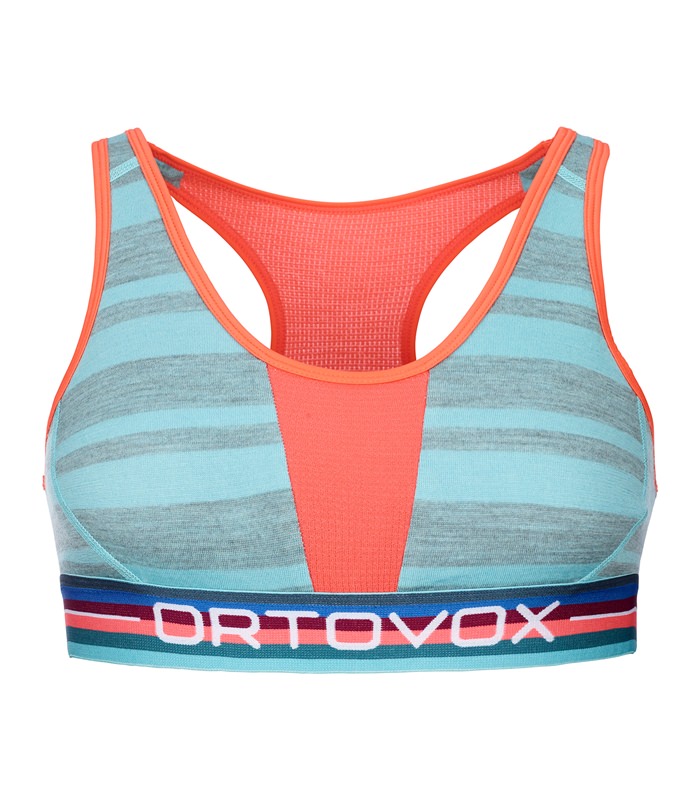 Sport Top Blau-Grau Gestreiftes Rock'n'Wool Sport Top in blau-grau mit korallenfarbenen Details und "Ortovox"-Schriftzug.