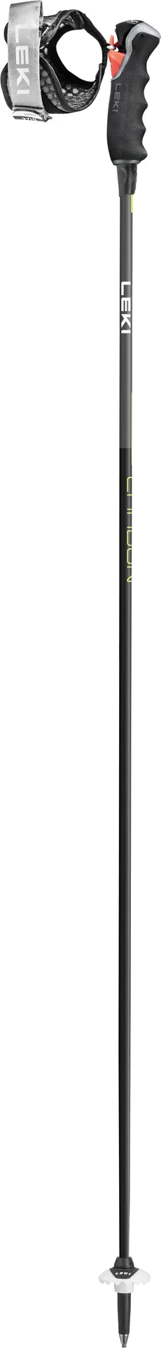 Schwarzer Leki Carbon 12 3D Skistock mit grau-schwarzem Griff, Schlaufe und Teller.