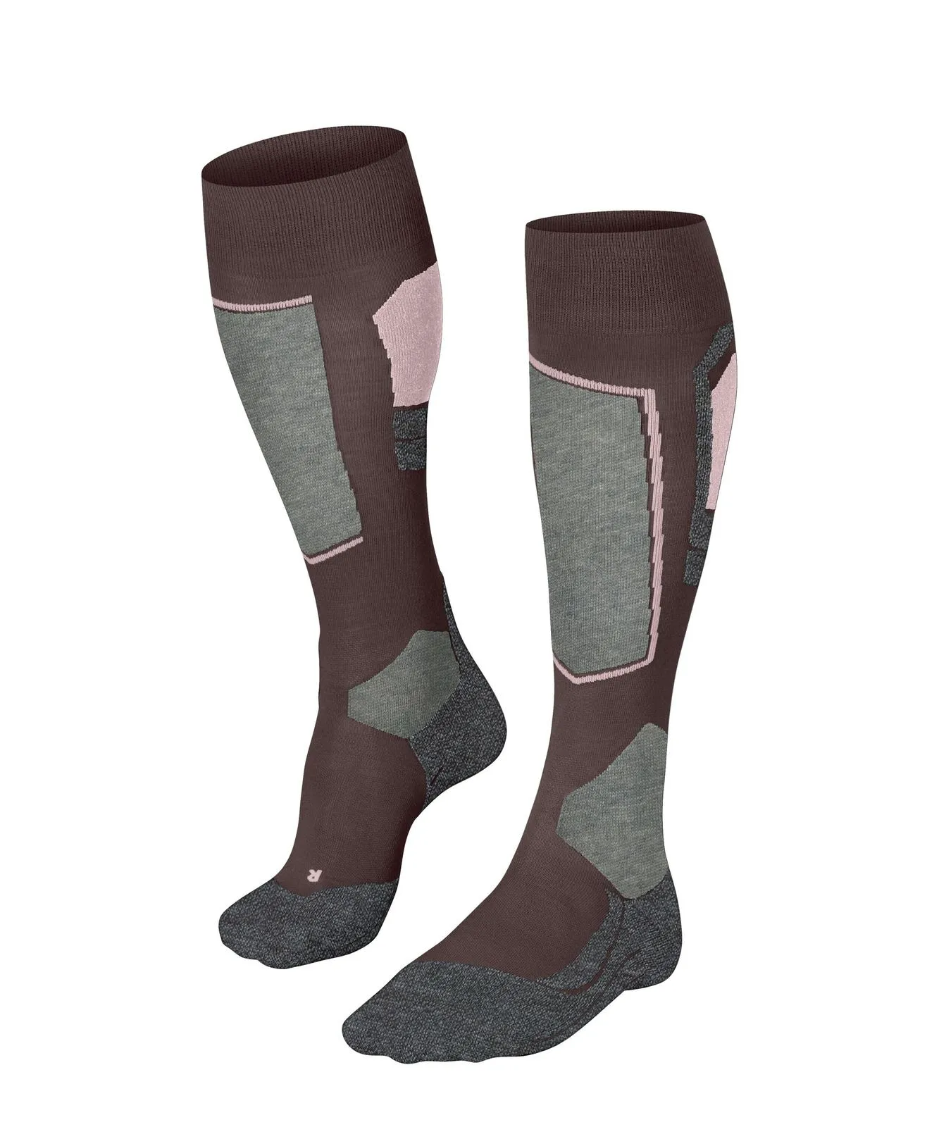 Zwei kniehohe dunkelbraune Sportsocken mit grauen und hellrosa Akzenten. Verstärkte Zehen und Fersen in Dunkelgrau, atmungsaktive graue Einsätze am Schienbein. Hellrosa Streifen für Komfort und Support. Rechte Socke mit „R“.