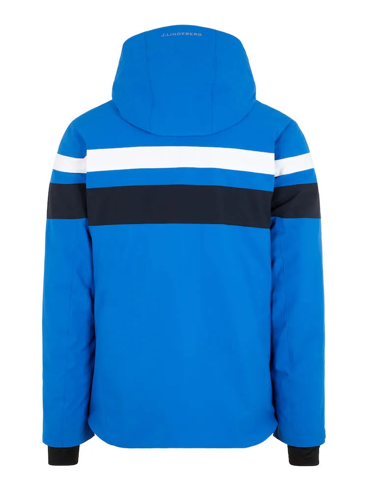 Blaue J.Lindeberg Franklin Skijacke von hinten, mit Kapuze, weißen und schwarzen Streifen auf Brusthöhe.