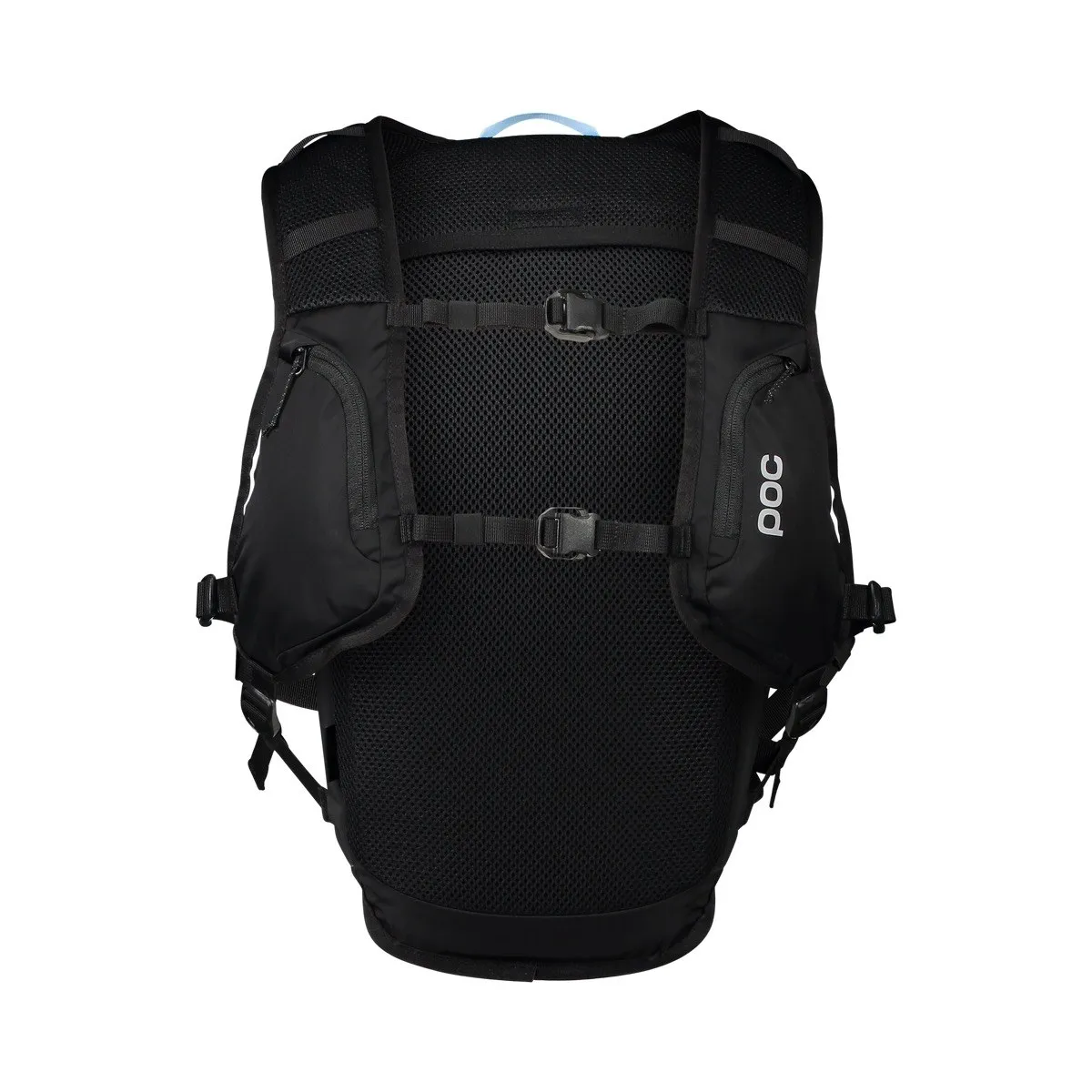 Schwarzer Column VPD Backpack 13L von hinten mit Mesh-Rücken, Gurten und poc Logo. Zwei Taschen an den Seiten und reflektierende Details.