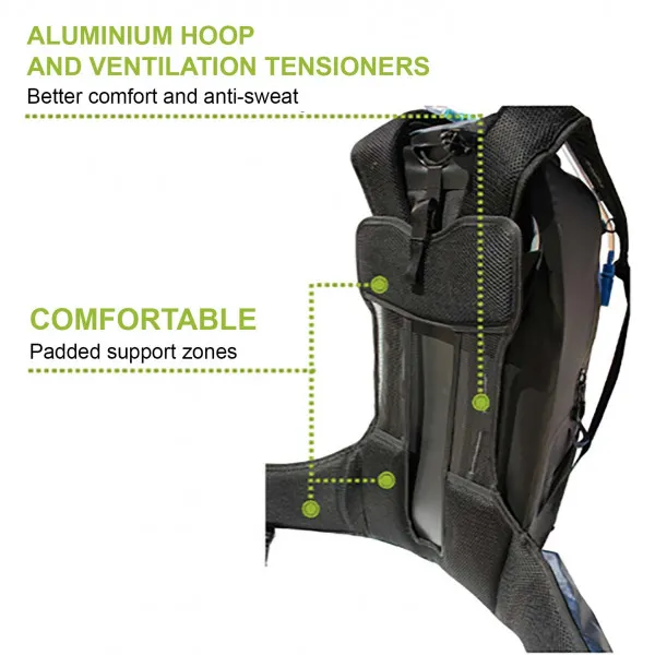 Detailansicht vom Tragesystem des wasserdichten Rucksacks. Aluminiumrahmen, Belüftungsspanner, gepolsterte Zonen für Komfort.