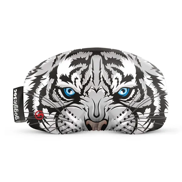 Skibrillen-Schutzhülle mit Design eines weißen, sibirischen Tigers mit blauen Augen.