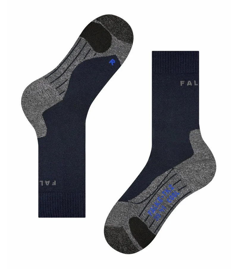 Zwei marinefarbene Trekking Socken, mittelhoch, mit grauen und schwarzen Details.