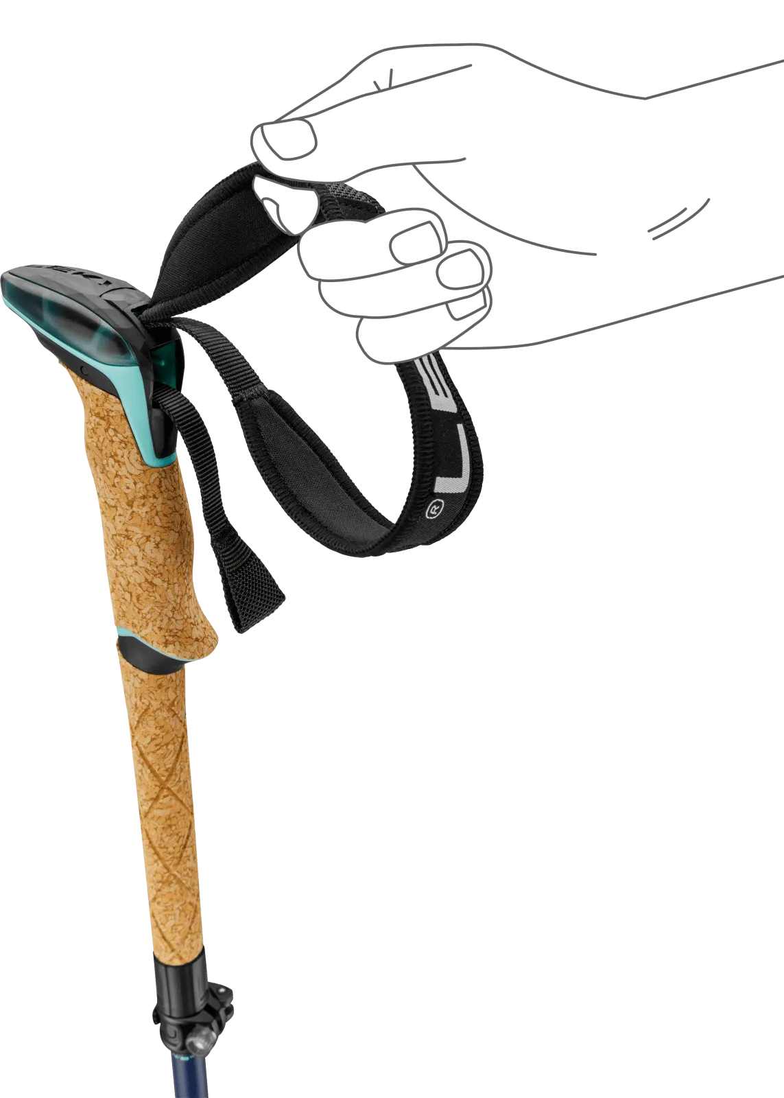Skizzenhafte Hand, die schwarze Handschlaufe eines Trekkingstocks mit Korkgriff und türkisfarbenen Akzenten hält.