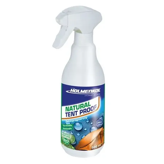 Weiße Sprühflasche mit blauem Etikett "Holmenkol Natural Tent Proof" und Bildern von Wassertropfen und Blatt.