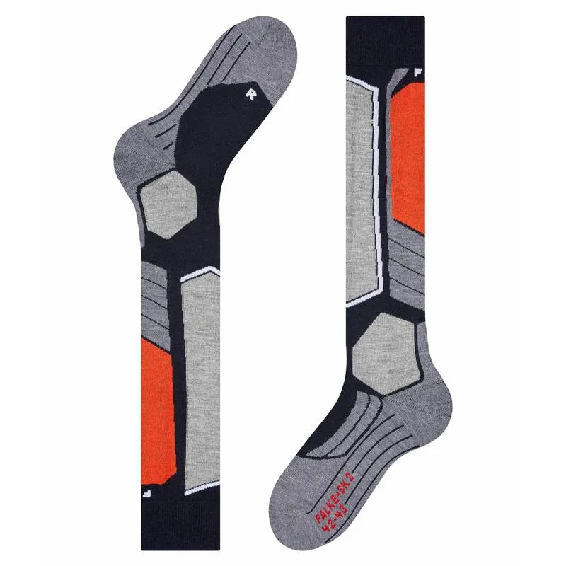 Zwei Falke SK2 Skiing Kniestrümpfe in Marine, Grau und Orange mit geometrischem Muster.