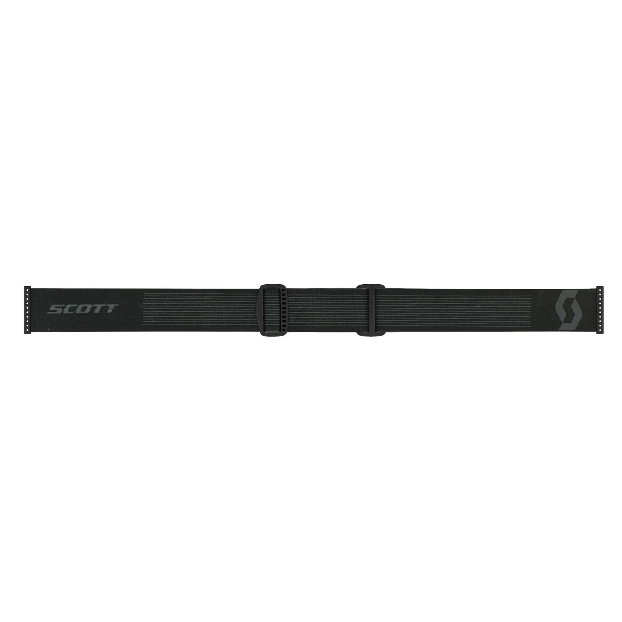 Schwarzes, elastisches Skibrillenband der Scott Sphere OTG mit zwei Schnallen und dem Scott-Logo.