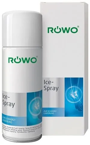 Weiße Spraydose und Karton von Rowo Ice-Spray zur Schmerzlinderung, mit Fuß-Illustration.