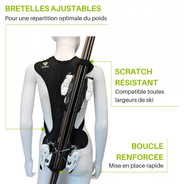 Mannequin mit Cordura Light Skiback, Ski diagonal auf dem Rücken. Verstellbare Träger, kratzfest, verstärkte Schnalle.
