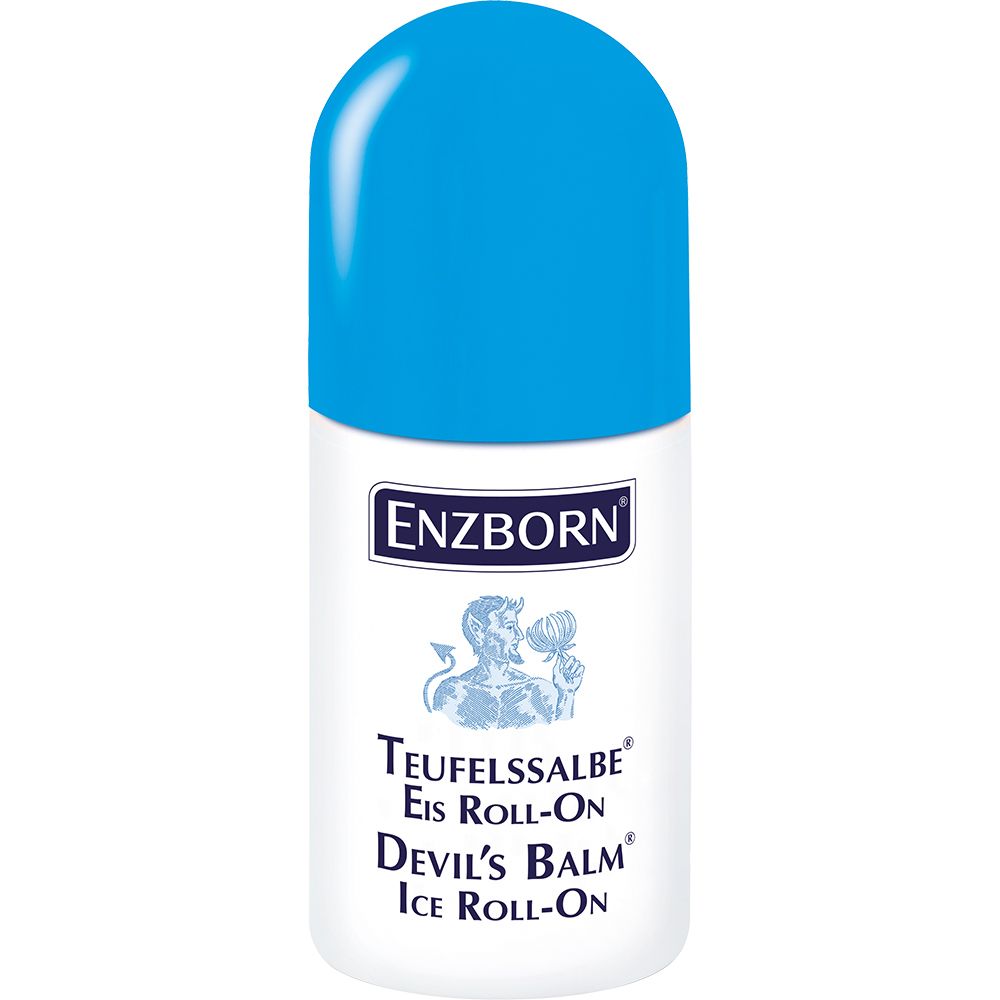 Ein weißer Roll-On-Stift mit einem blauen Deckel, der mit „Enzborn Teufelssalbe“ beschriftet ist.