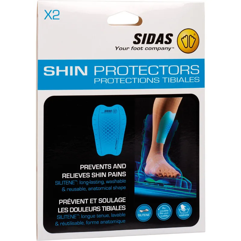 Verpackung von Sidas Shin Gel Pads, zeigt Gel Pad und Fuß mit angebrachtem Schienbeinschutz.