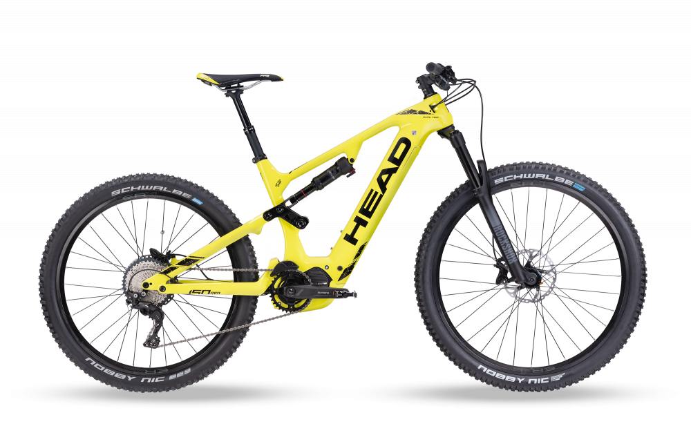Gelbes Muret II EP8 Carbon E-Mountainbike, Seitenansicht. RockShox Federung, Mullet Wheels und Shimano Bremsen sichtbar.