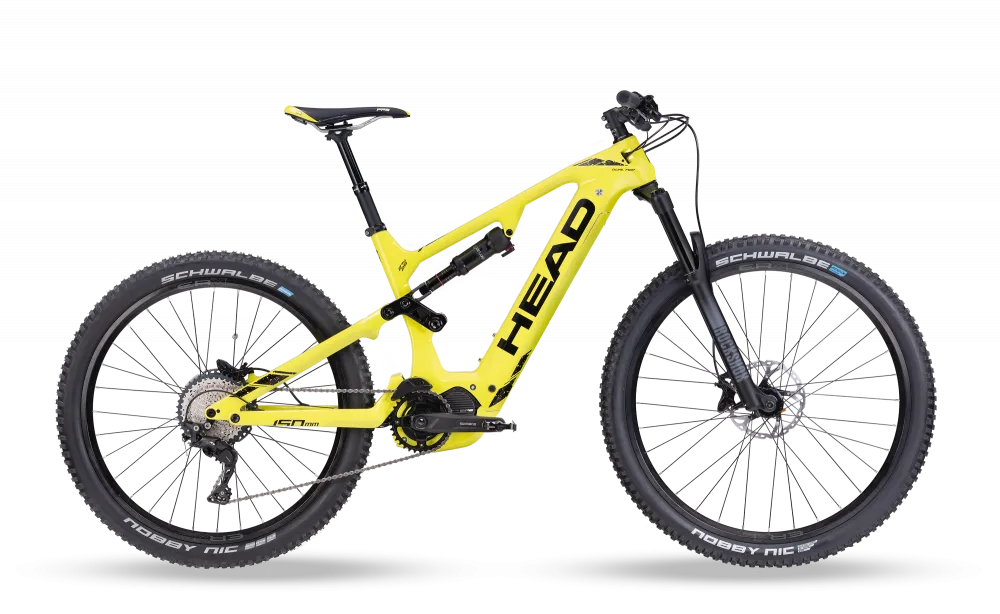 Gelbes Muret II EP8 Carbon E-Mountainbike, Seitenansicht. RockShox Federung, Mullet Wheels und Shimano Bremsen sichtbar.