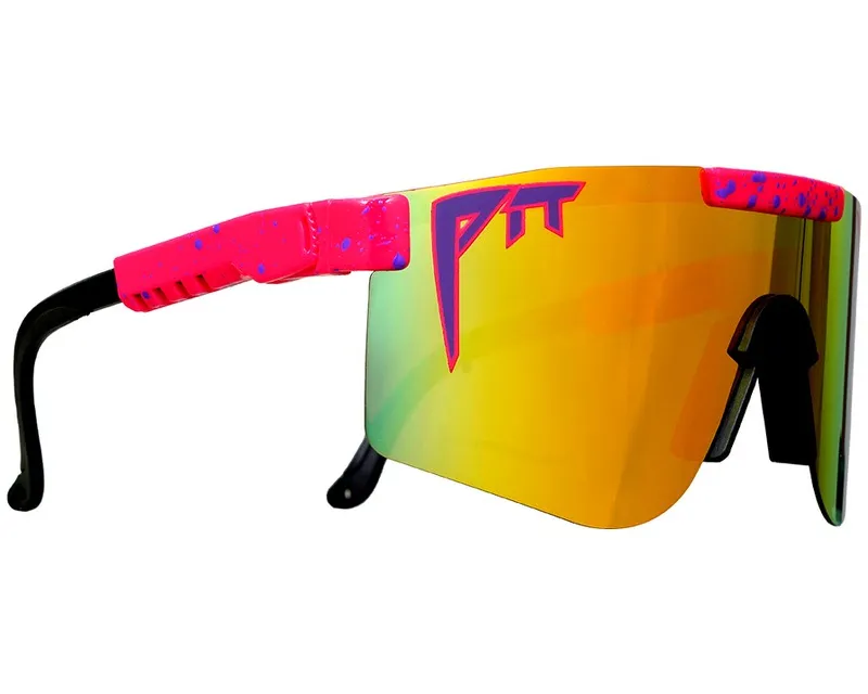 Polarisierte Sonnenbrille in Gelb und Pink mit schwarzem Rahmen im Profil.