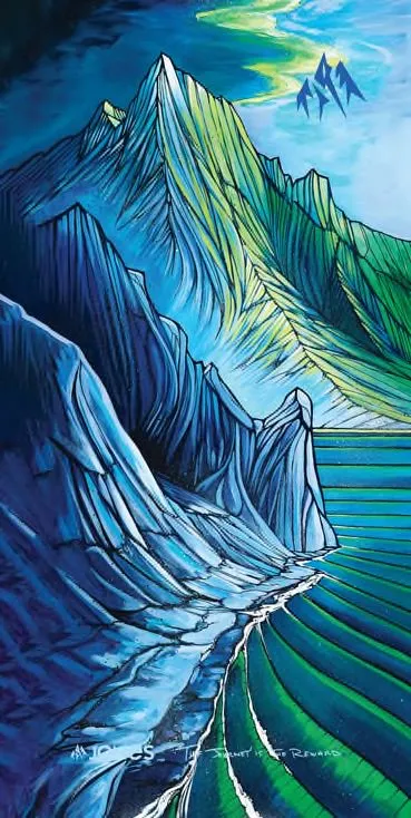Illustration von blauen Bergen und grünem Tal mit angedeuteter Wasseroberfläche.