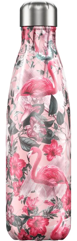 Schmale, rosafarbene Trinkflasche mit tropischem Flamingo- und Blumenmuster, silberfarbener Deckel.
