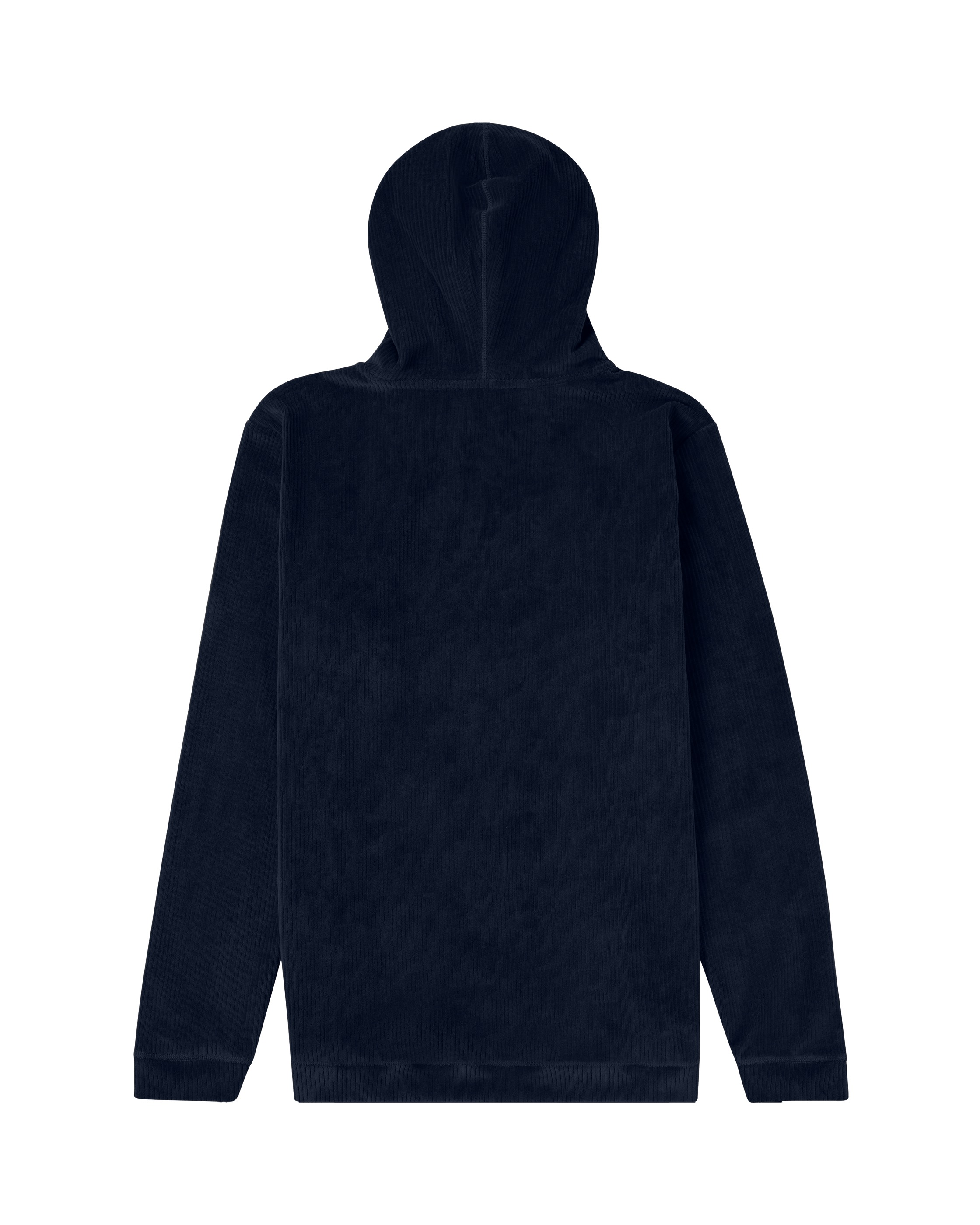 Eine marineblaue Cord-Kapuzenjacke von hinten, mit Kapuze und langen Ärmeln, isoliert auf Weiß.