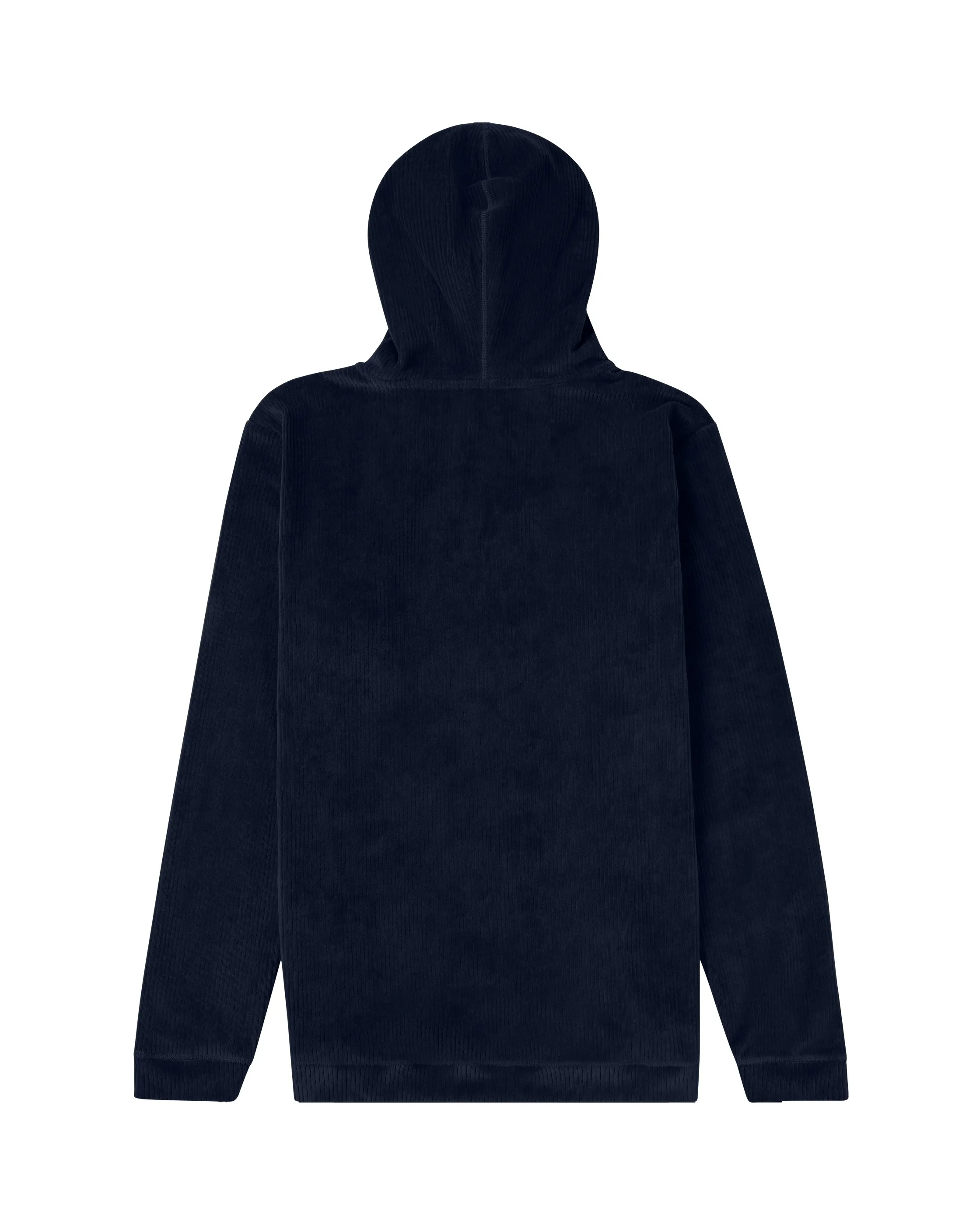 Eine marineblaue Cord-Kapuzenjacke von hinten, mit Kapuze und langen Ärmeln, isoliert auf Weiß.
