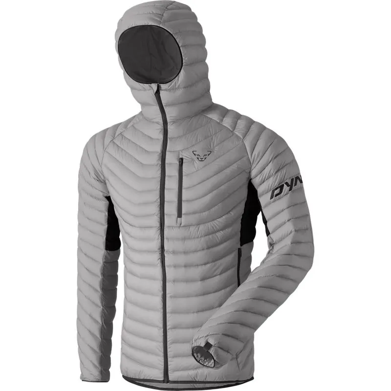 Graue Dynafit Radical Daunenjacke mit Kapuze für Herren, Frontreißverschluss und Logo.