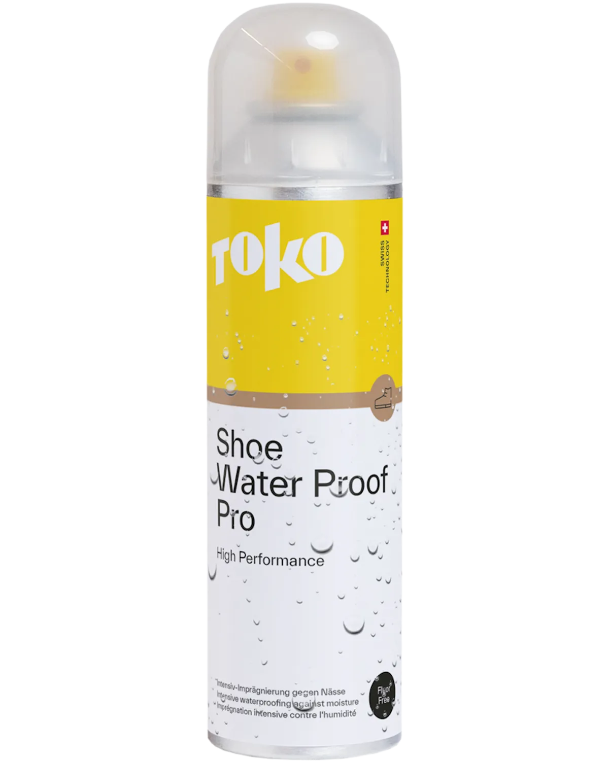 Sprühflasche Toko Textile Water Proof Pro 250ml mit gelbem Etikett und Text, zum Imprägnieren von Textilien.