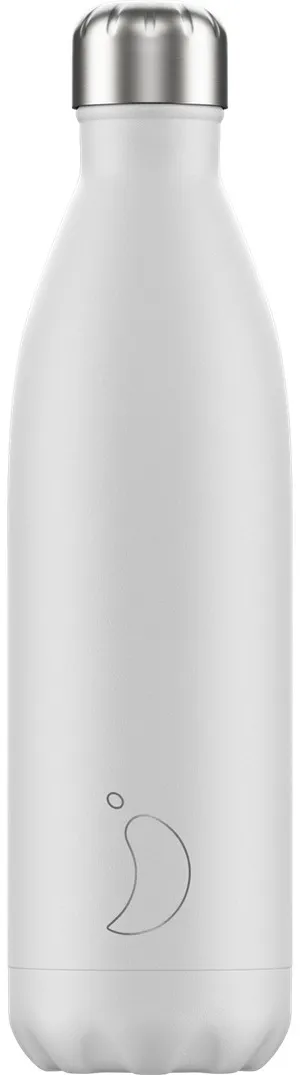 Schlichte, weiße Chillys Trinkflasche mit silberfarbenem Deckel und filigranem Logo.