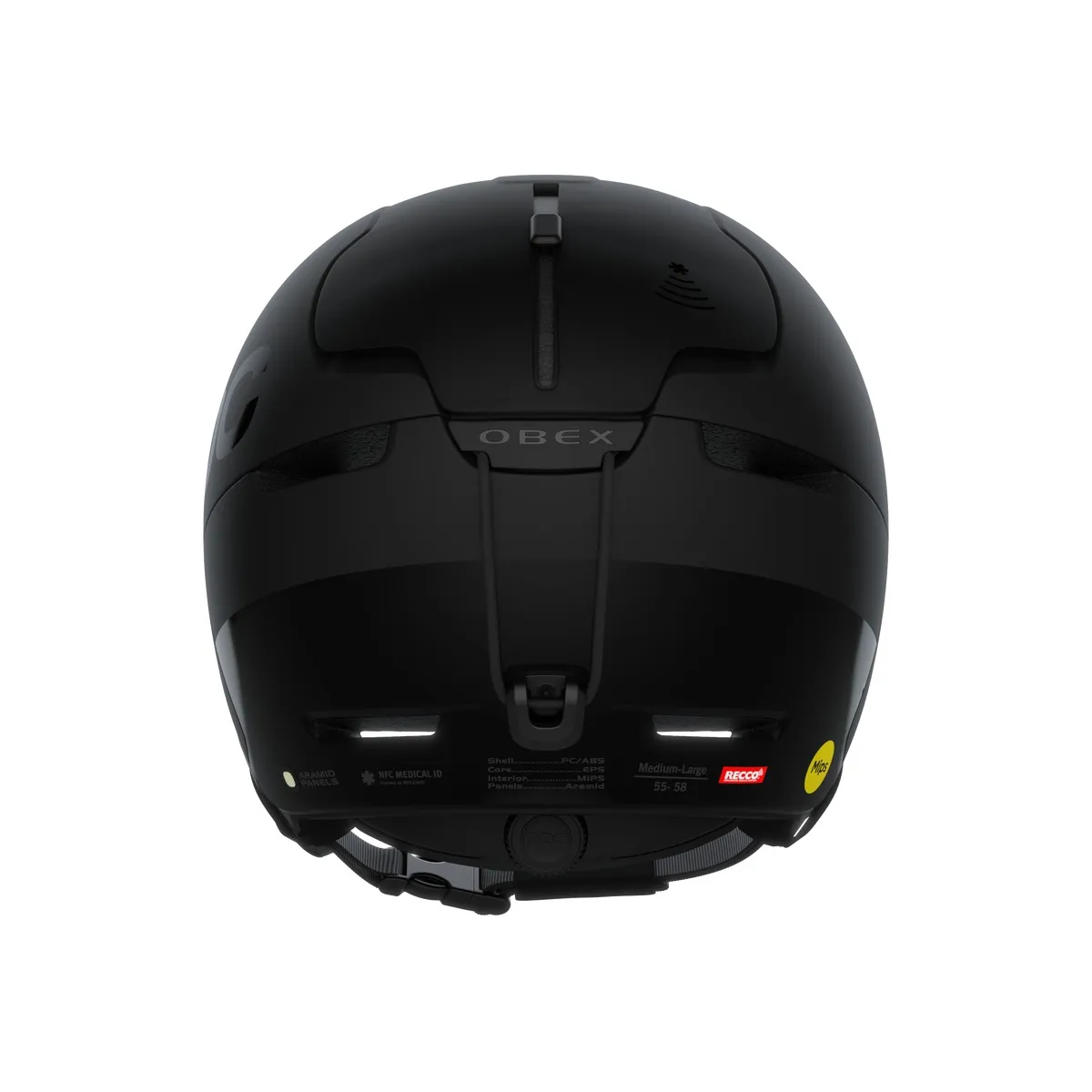Schwarzer Skihelm POC Obex BC Mips von hinten. Sichtbar sind RECCO-Reflektor, Mips-Logo, Größenangabe und NFC Medical ID.