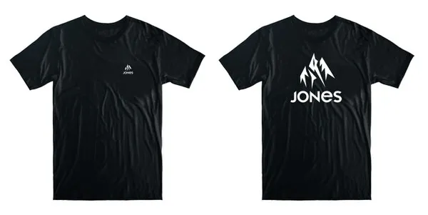 Schwarzes Jones Truckee T-Shirt, Front und Rückseite. Vorne kleines Logo, hinten großes Logo mit Schriftzug.